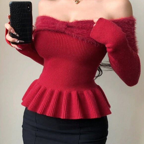 Red Casual Elegant Women's Off Shoulder Sweater With Ruffle Hem - Picture 3 of 8
